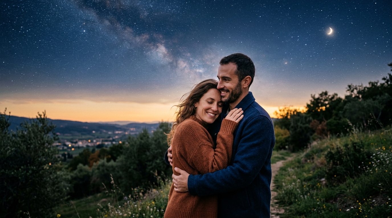 Um casal abraçado numa colina, ao anoitecer, sob a Via Láctea